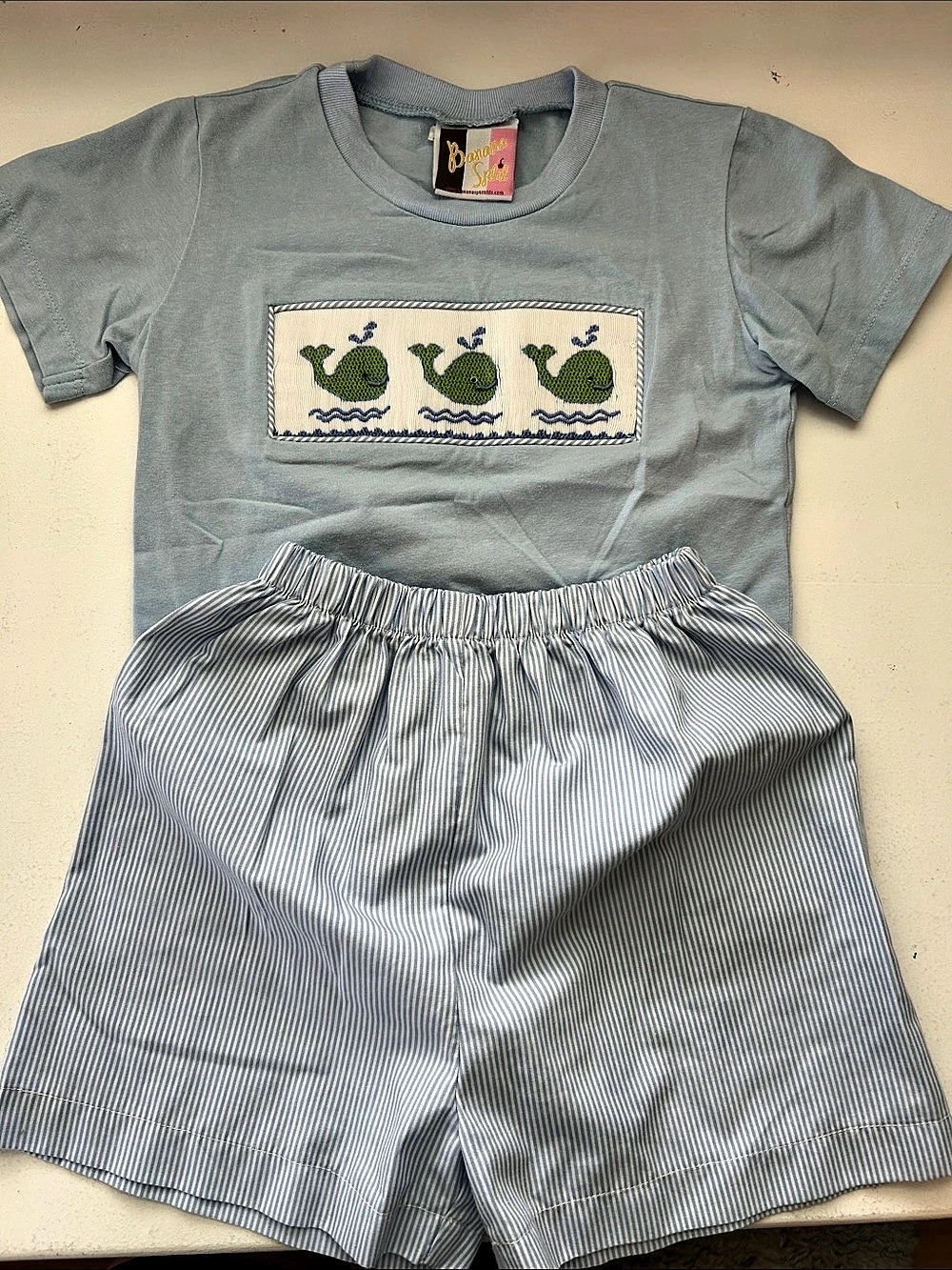 Banana Split Whale Smocked Short Set Blue Striped